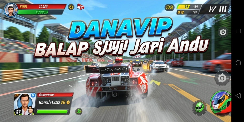 Tangkapan layar utama DANAVIP menunjukkan aksi balapan seru dengan mobil yang cepat.