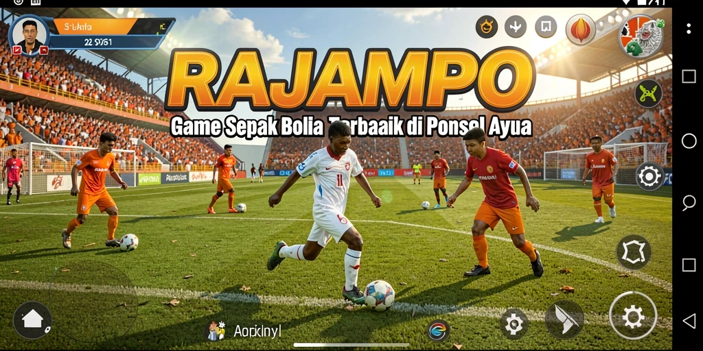 Tampilan gameplay menarik dalam RAJAMPO dengan aksi sepak bola mendebarkan.