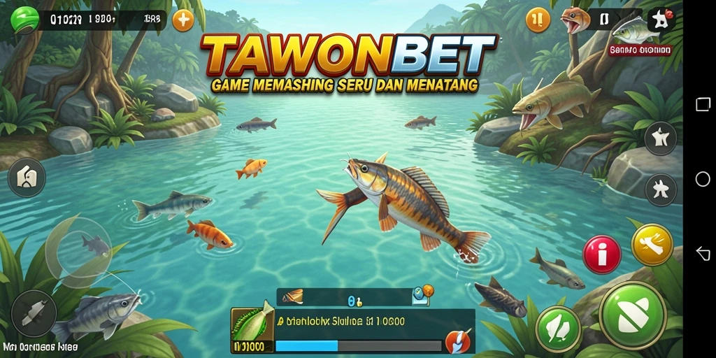 Screenshot gameplay TAWONBET menampilkan aksi memancing di laut yang indah.