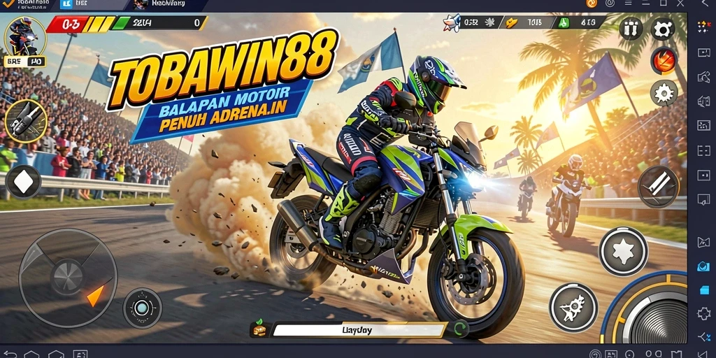 Gameplay seru TOBAWIN88 dengan motor balap yang cepat dan tantangan mendebarkan.